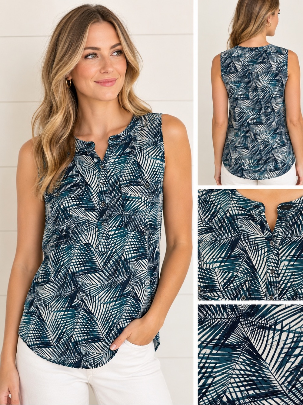 RW&CO. Navy and Teal Palm-Print Sleeveless Camisole